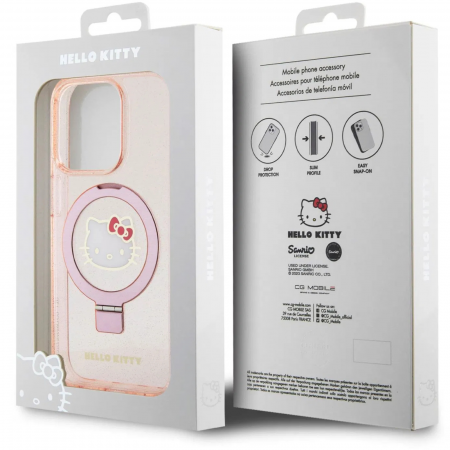 Husa pentru iPhone 15 Pro Max Hello Kitty IML Ringstand Glitter Kitty Head Logo MagSafe, Pink [4]
