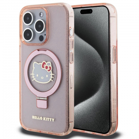 Husa pentru iPhone 15 Pro Max Hello Kitty IML Ringstand Glitter Kitty Head Logo MagSafe, Pink [1]