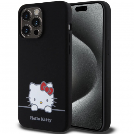 Husa pentru iPhone 15 Pro Max Hello Kitty Liquid Silicone Daydreaming Logo, Black [1]
