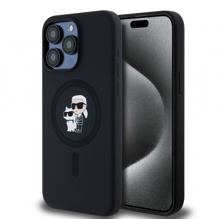 Husa pentru iPhone 15 Pro Max Karl Lagerfeld Silicone Ring MagSafe (KLHMP15XSCMKCRHK) Karl&Choupette, Black [1]