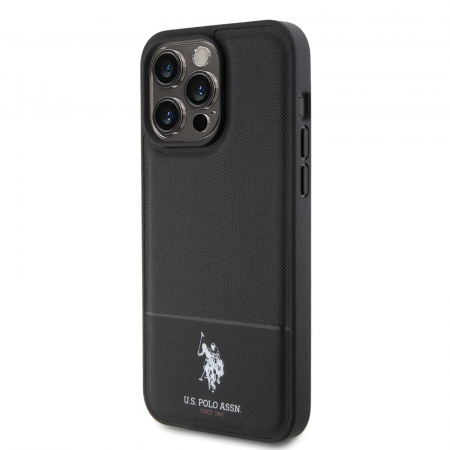 Husa pentru iPhone 15 Pro Max U.S. Polo PU Leather Mesh Pattern Double Horse, Black [3]