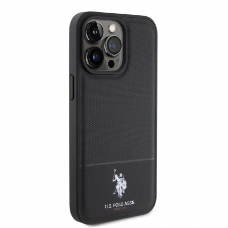 Husa pentru iPhone 15 Pro Max U.S. Polo PU Leather Mesh Pattern Double Horse, Black [2]
