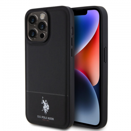 Husa pentru iPhone 15 Pro Max U.S. Polo PU Leather Mesh Pattern Double Horse, Black [1]