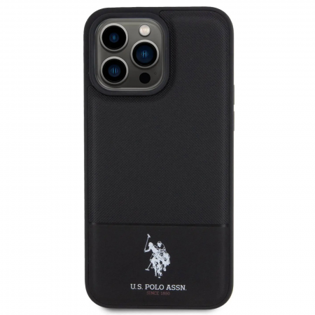 HUSE IPHONE - Husa pentru iPhone 15 Pro Max U.S. Polo PU Leather Mesh Pattern Double Horse, Black