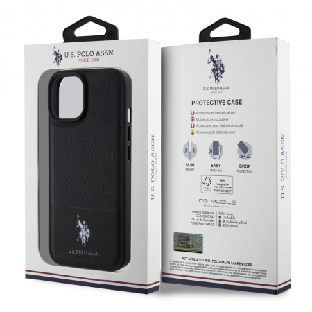 Husa pentru iPhone 15 Pro Max U.S. Polo PU Leather Mesh Pattern Double Horse, Black [6]