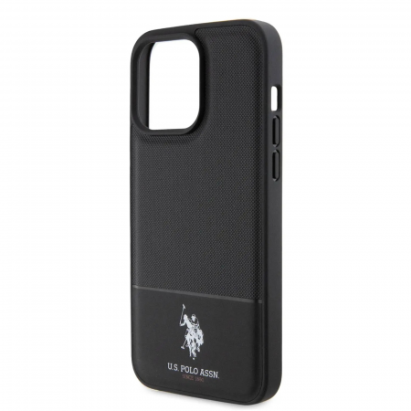 Husa pentru iPhone 15 Pro Max U.S. Polo PU Leather Mesh Pattern Double Horse, Black [4]