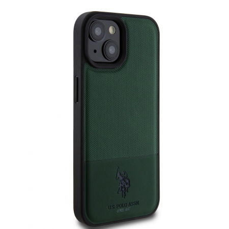 Husa pentru iPhone 15 U.S. Polo PU Leather Mesh Pattern Double Horse, Green [3]