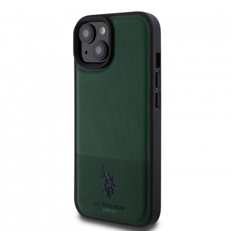 Husa pentru iPhone 15 U.S. Polo PU Leather Mesh Pattern Double Horse, Green [2]