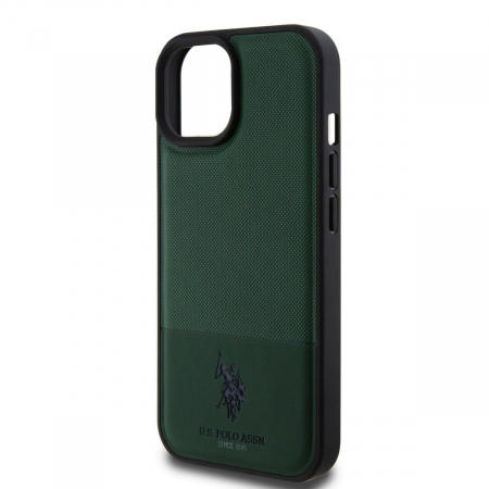 Husa pentru iPhone 15 U.S. Polo PU Leather Mesh Pattern Double Horse, Green [4]
