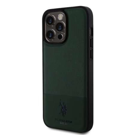 Husa pentru iPhone 15 Pro Max U.S. Polo PU Leather Mesh Pattern Double Horse, Green [2]