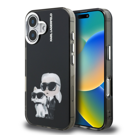 IPHONE 16 - Husa pentru iPhone 16, Karl Lagerfeld IML Aquarelle Karl and Choupette, Black