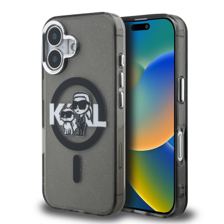 IPHONE 16 - Husa pentru iPhone 16, Karl Lagerfeld IML Glitter Karl and Choupette Sketch MagSafe, Black
