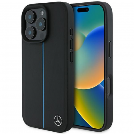 Husa pentru iPhone 16 Pro Max, Mercedes Leather Blue Stripe MagSafe, Black [6]