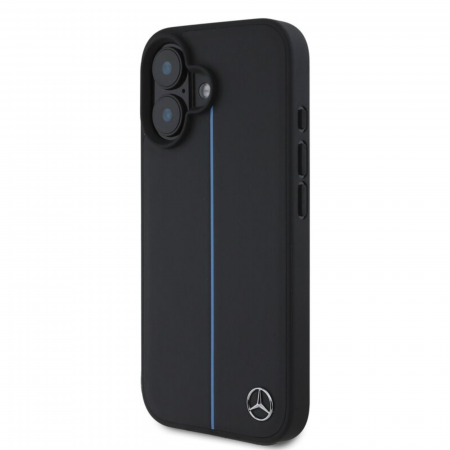Husa pentru iPhone 16 Mercedes Leather Blue Stripe MagSafe, Black [2]