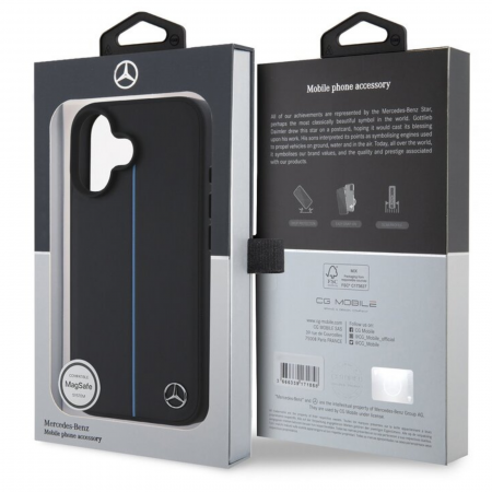 Husa pentru iPhone 16 Mercedes Leather Blue Stripe MagSafe, Black [5]