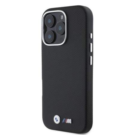 Husa pentru iPhone 16 Pro BMW M PU Kevlar Metal Logo, Black [2]