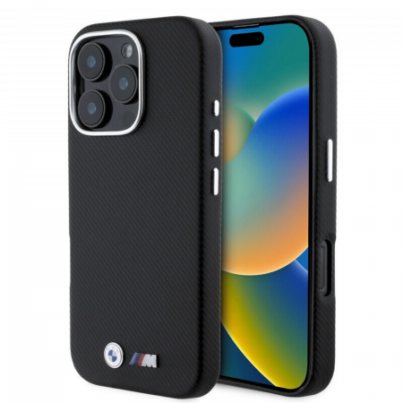 Husa pentru iPhone 16 Pro BMW M PU Kevlar Metal Logo, Black [1]