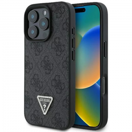 Husa pentru iPhone 16 Pro Guess PU 4G Strass Triangle Metal Logo, Black [1]