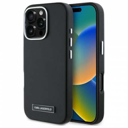 Husa pentru iPhone 16 Pro Karl Lagerfeld, Leather MagSafe (KLHMP16LPGMSRPK) - FW Metal Plate, Black [1]