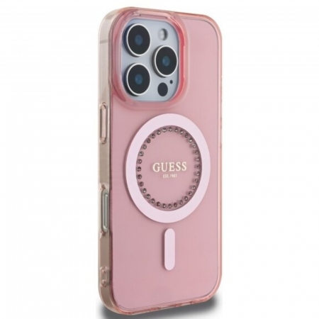 Husa pentru iPhone 16 Pro Max, Guess IML Rhinestones Ring MagSafe, Pink [1]