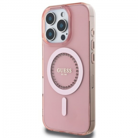 Husa pentru iPhone 16 Pro Max, Guess IML Rhinestones Ring MagSafe, Pink [2]