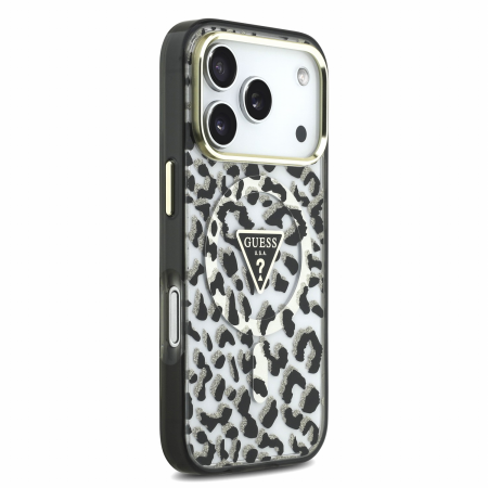 Husa pentru iPhone 17 Pro/ 18 Pro, Guess IML Glitter Leopard Triangle Logo MagSafe, Black [3]