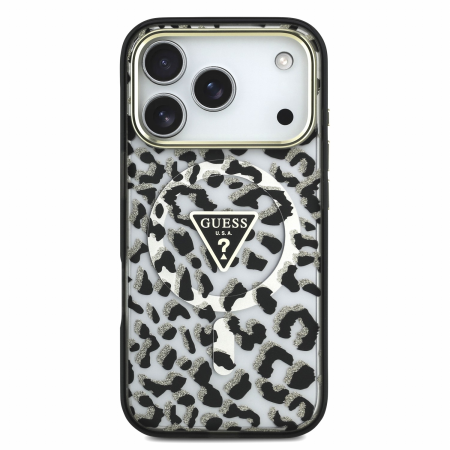 Husa pentru iPhone 17 Pro Max/ 18 Pro Max, Guess IML Glitter Leopard Triangle Logo MagSafe, Black [1]