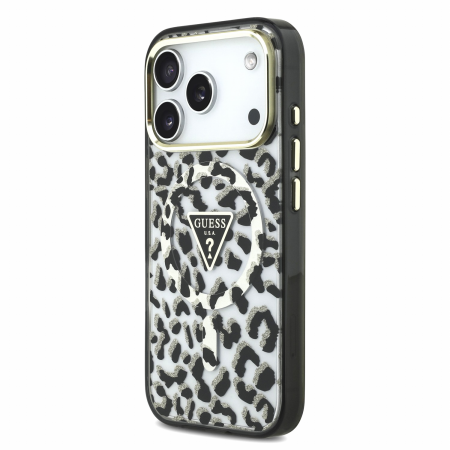 Husa pentru iPhone 17 Pro Max/ 18 Pro Max, Guess IML Glitter Leopard Triangle Logo MagSafe, Black [2]