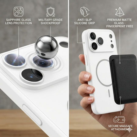 Husa pentru iPhone 17 Pro din Sticla si Silicon cu Protectie Completa a Camerelor si MagSafe, Alb Mat [1]
