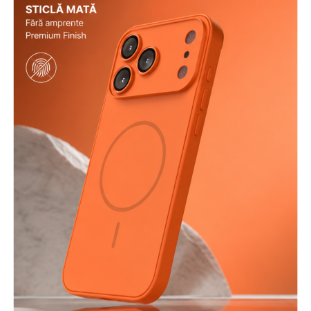 Husa pentru iPhone 17 Pro din Sticla si Silicon cu Protectie Completa a Camerelor si MagSafe, Orange Mat [1]