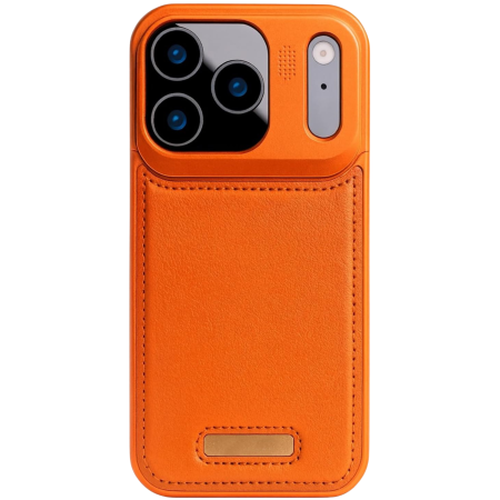 Husa pentru iPhone 17 Pro Max/ 18 Pro Max, Dur Aluminiu si Piele cu MagSafe, Orange Cosmic