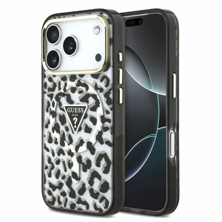 IPHONE 18 PRO MAX - Husa pentru iPhone 17 Pro Max/ 18 Pro Max, Guess IML Glitter Leopard Triangle Logo MagSafe, Black