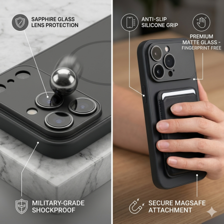 Husa pentru iPhone 17 Pro Max din Sticla si Silicon cu Protectie Completa a Camerelor si MagSafe, Black Graphite Mat [2]