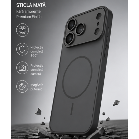 Husa pentru iPhone 17 Pro Max din Sticla si Silicon cu Protectie Completa a Camerelor si MagSafe, Black Graphite Mat [1]