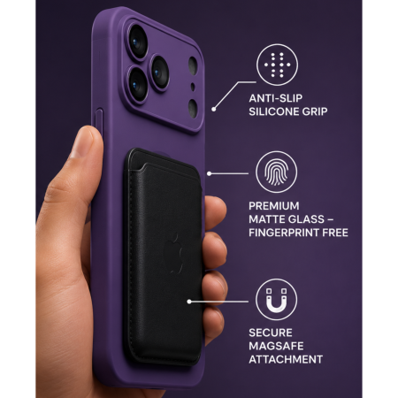 Husa pentru iPhone 17 Pro Max din Sticla si Silicon cu Protectie Completa a Camerelor si MagSafe, Deep Purple Mat [1]