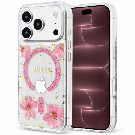 IPHONE 17 PRO MAX - Husa pentru iPhone 18 Pro Max/ 17 Pro Max Guess - Resin Flowers and Glitter MagSafe Pink