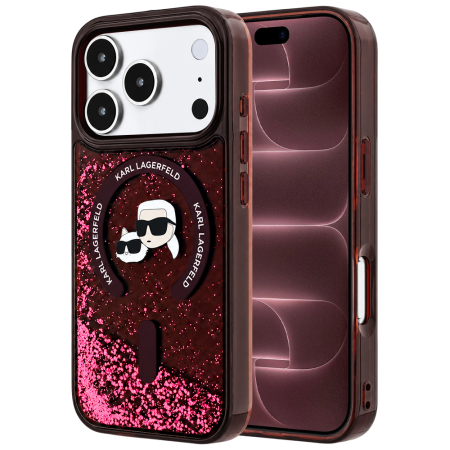 IPHONE 17 PRO MAX - Husa pentru iPhone 18 Pro Max/ 17 Pro Max Karl Lagerfeld Liquid Glitter KC Heads MagSafe Burgundy