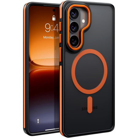 SAMSUNG GALAXY S26 - Husa Samsung Galaxy S26, Anti-Slip Shockproof, Military-Grade Protection, MagSafe, Cosmic Orange - Black
