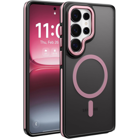 SAMSUNG GALAXY S26 - Husa Samsung Galaxy S26, Anti-Slip Shockproof, Military-Grade Protection, MagSafe, Pink - Black