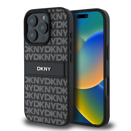 IPHONE 16 PRO - Husa iPhone 16 Pro, DKNY PU Leather Repeat Pattern Tonal Stripe, Black