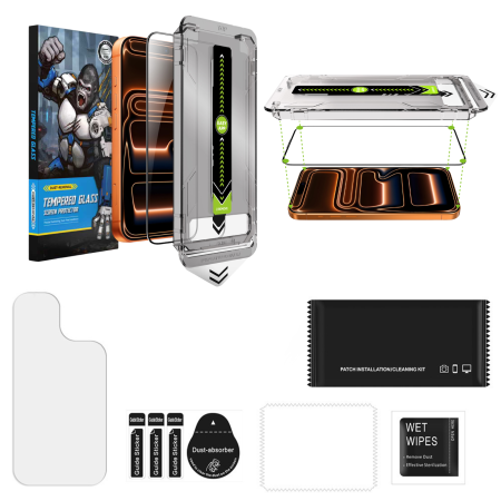 Kit Folie iPhone 15 Plus/ 16 Plus, din Sticla Transparenta, Robotek Titan 2.0 Dust Removal Easy App [10]