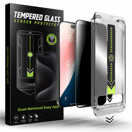 IPHONE 15 PRO MAX - Kit Folie Sticla Privacy, Titan Dust Removal Easy App pentru iPhone 15 Pro Max