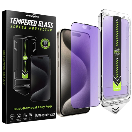 IPHONE 16 PRO - Kit Folie Sticla Mata Purple Light Eyes Protect, Titan Dust Removal Easy App pentru iPhone 16 Pro/ 17