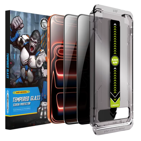 IPHONE 13 PRO - Kit X2 Folii iPhone 13/ 13 Pro/ 14/ 16E/ 17E, din Sticla Privacy, Robotek Titan 2.0 Dust Removal Easy App