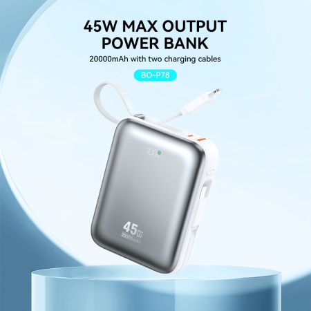 Power Bank 20.000mAh Fast Charging PD45W, With 2 Cables Type C and Lightning P78 silver [2]