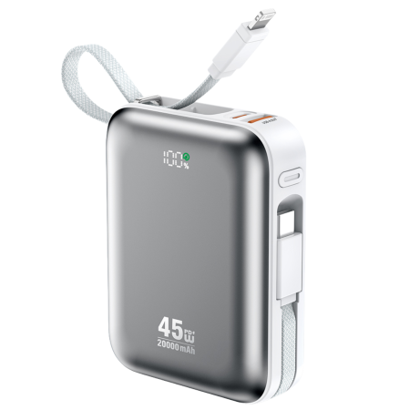 BATERII EXTERNE - Power Bank 20.000mAh Fast Charging PD45W, With 2 Cables Type C and Lightning P78 silver