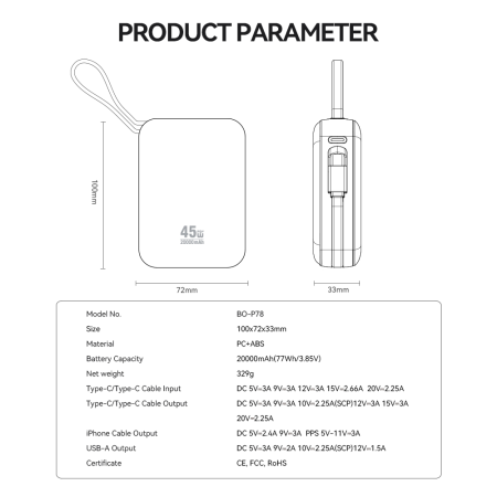 Power Bank 20.000mAh Fast Charging PD45W, With 2 Cables Type C and Lightning P78 silver [6]