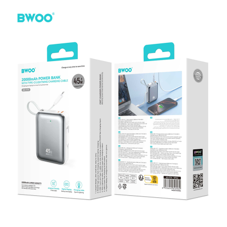 Power Bank 20.000mAh Fast Charging PD45W, With 2 Cables Type C and Lightning P78 silver [7]