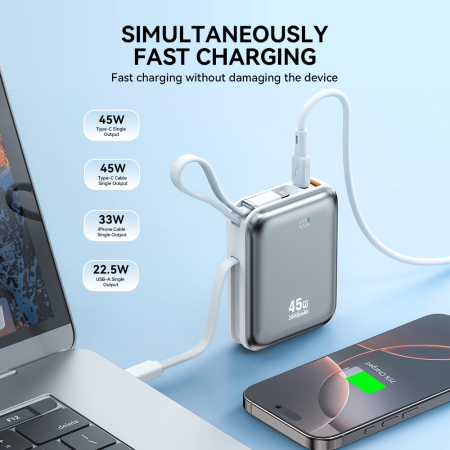 Power Bank 20.000mAh Fast Charging PD45W, With 2 Cables Type C and Lightning P78 silver [3]