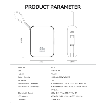 Power Bank P77 45W, 10000 mAh, BWOO with USB-C and Lightning cable, grey [6]